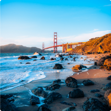 Bay Bridge beach view in turquoise and orange tones