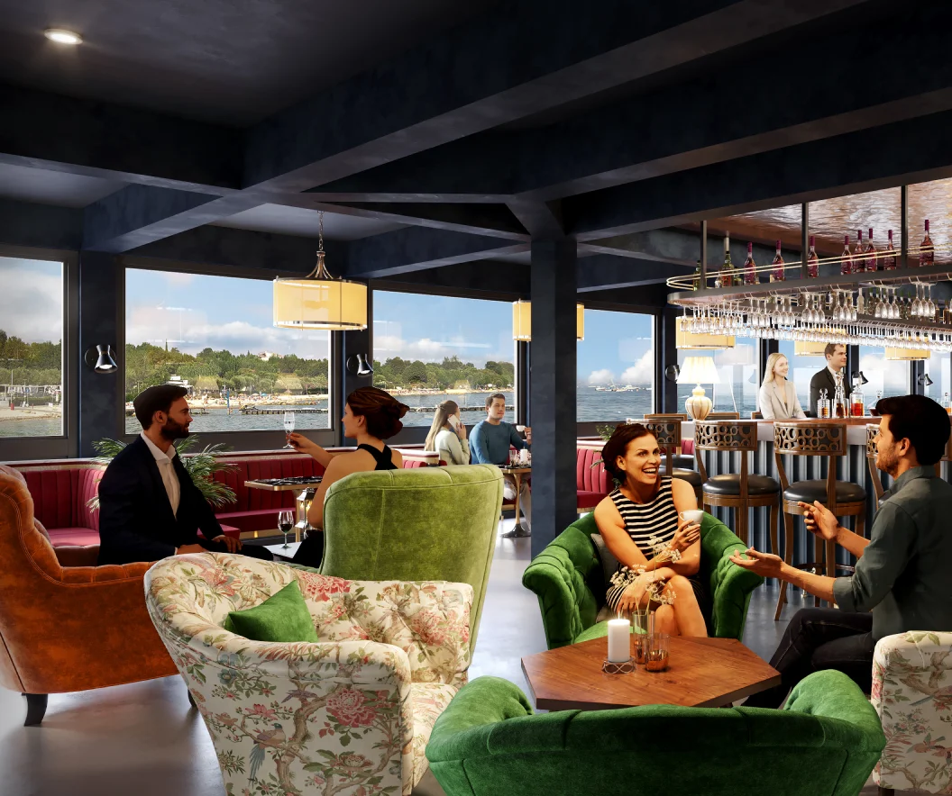 restaurant interior people chatting